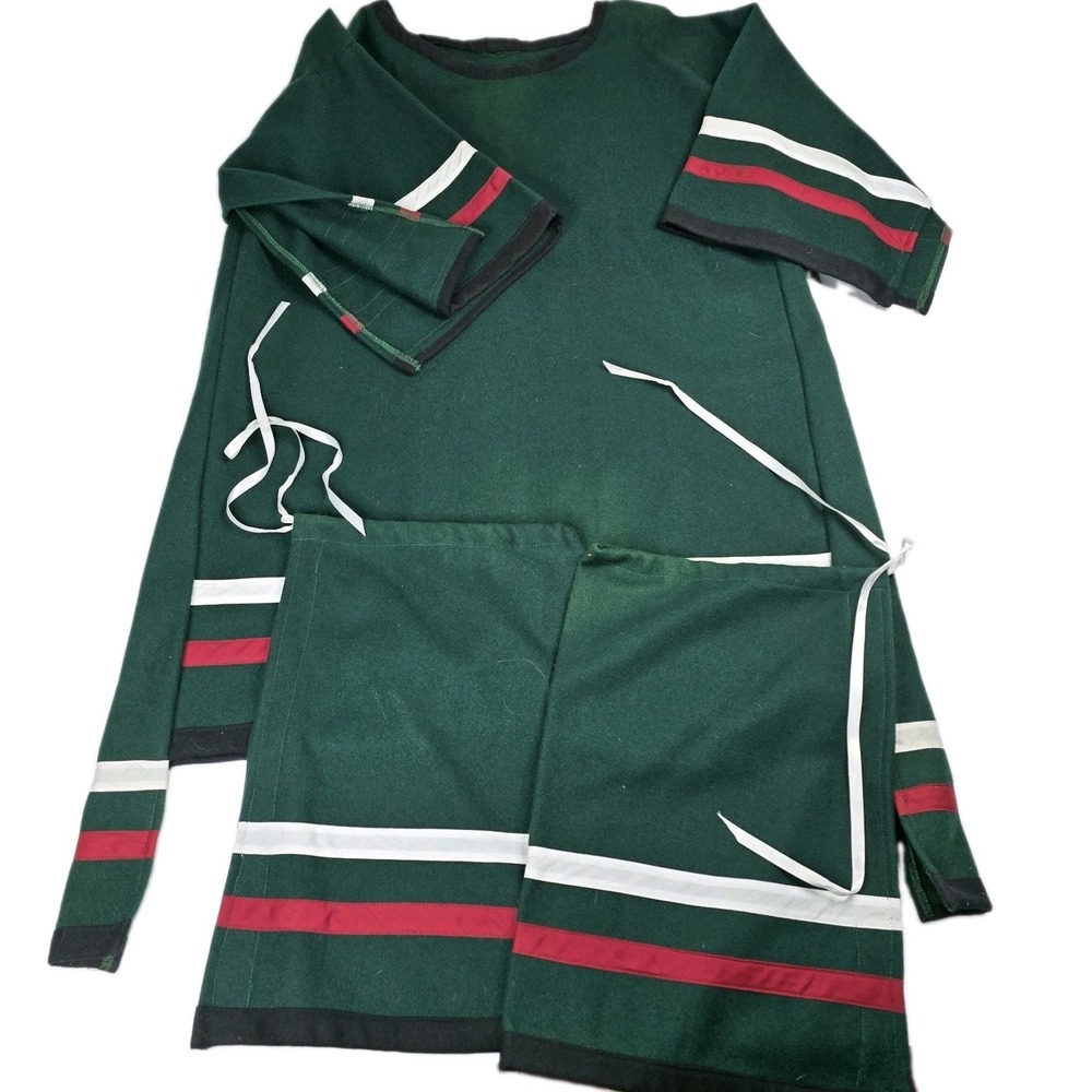 Vintage Native American Wool Ribbon Shirt Regalia Apron Green Red White Set